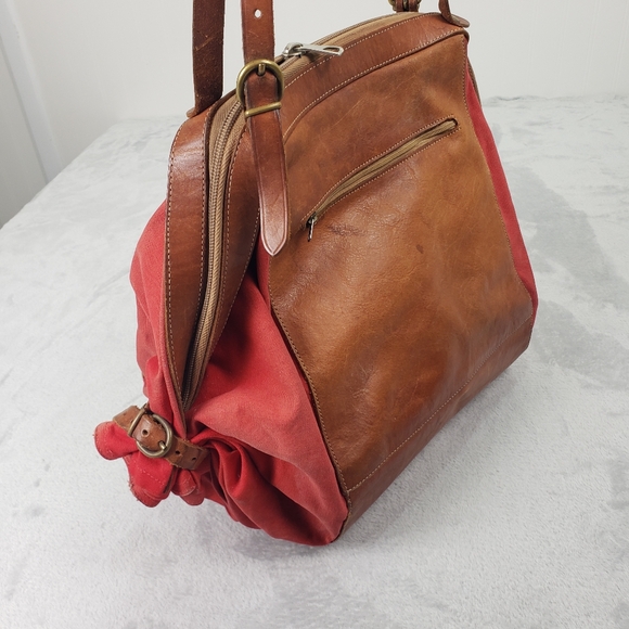 IL Bisonte Candy Leather / Canvas Large Tote Shoulder Bag Red Tan Brown Purse - Picture 9 of 16